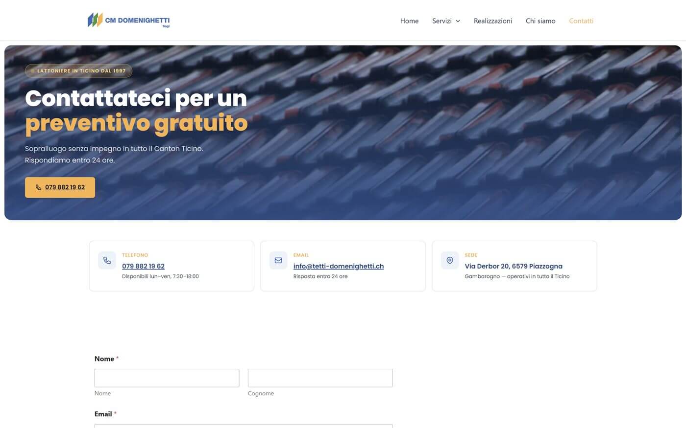 Pagina contatti del nuovo sito di CM Domenighetti Sagl